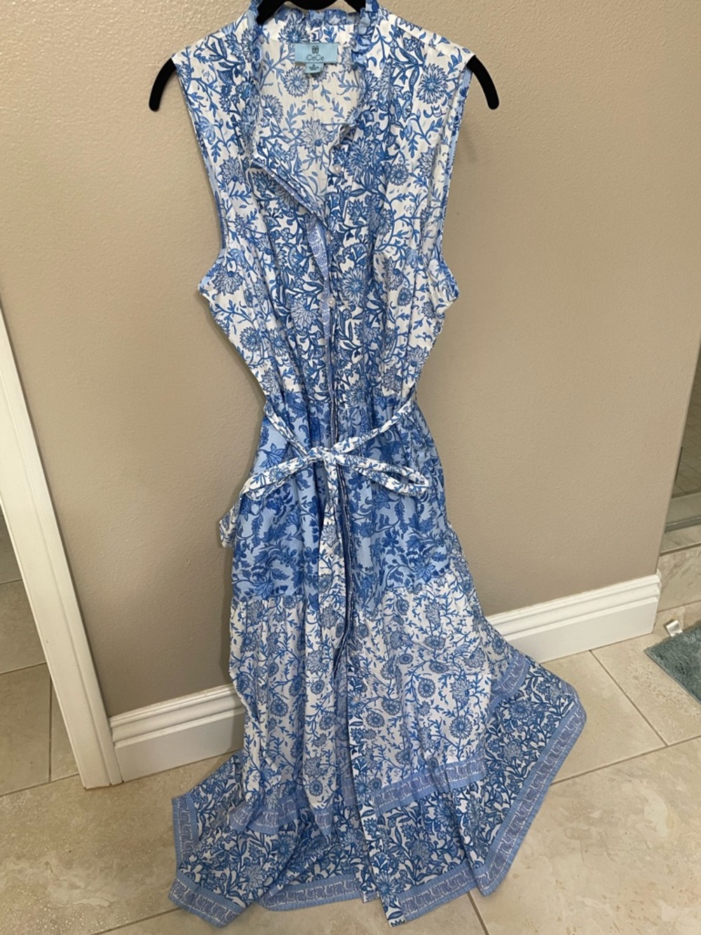 CeCe Blue & White Floral Notched Maxi Dress with Waist Tie